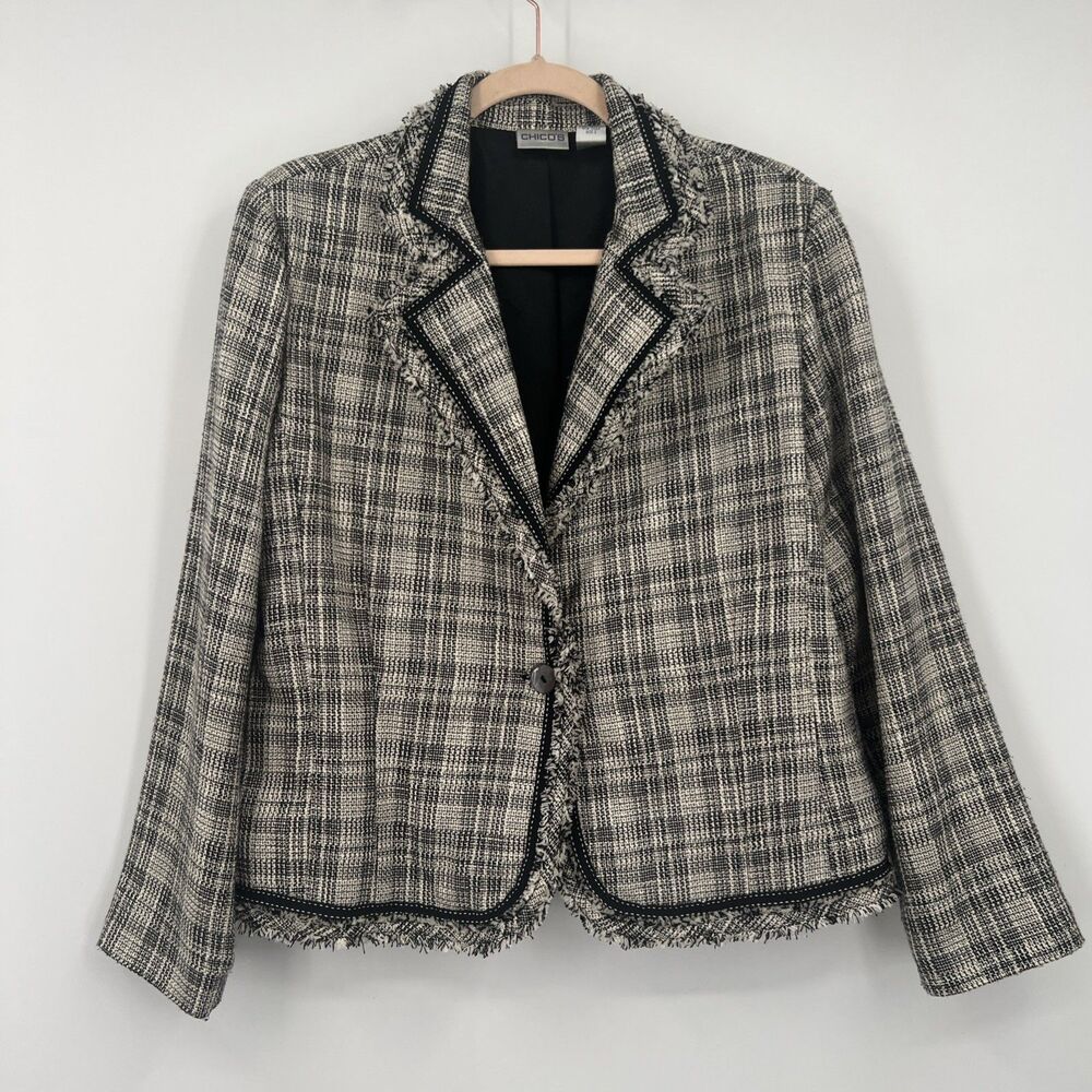 Chico's Size 2 Women's Black White Plaid Business 1 Button Lined Blazer Jacket